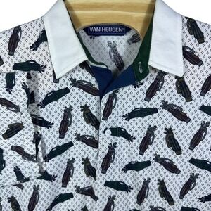 VINTAGE Van Heusen Polo Shirt Men Large White Golf Bag Print Short Sleeve Preppy